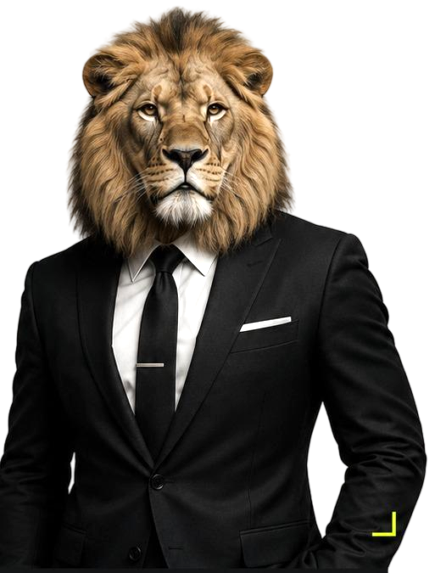 Anthropomorphic lion executive in a black suit representing finance automation