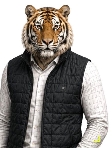 Anthropomorphic tiger in a quilted vest representing small-business automation